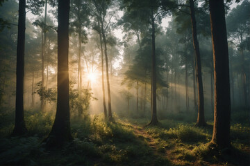 Wall Mural - Sun Shining Through Trees in Forest