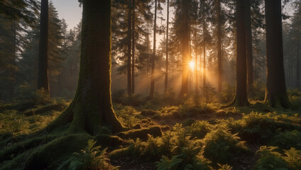 Wall Mural - Sun Shining Through Trees in Forest
