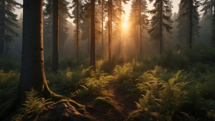 Wall Mural - Sun Shining Through Trees in Forest