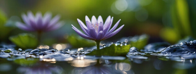 Wall Mural - A purple water lily blooms on a pond with glistening water