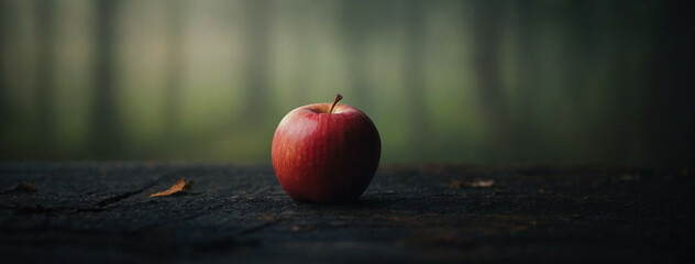 Wall Mural - A single red apple sits on a wooden surface in a forest, with a blurred background