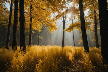 Poster - Golden Light Filtering Through Trees in a Foggy Forest