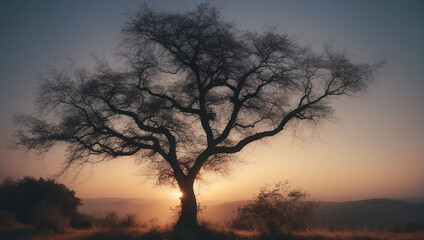 Wall Mural - Tree Silhouetted Against Setting Sun in Field