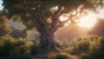 Wall Mural - A Large Oak Tree Stands Tall in the Evening Sunlight