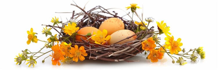 Wall Mural - nest full of easter eggs with spring flowers isolated on white background for decoration