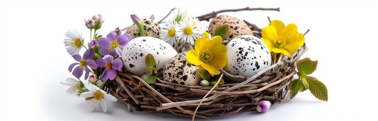 Wall Mural - nest full of easter eggs with spring flowers isolated on white background for decoration