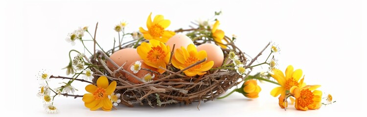 Wall Mural - nest full of easter eggs with spring flowers isolated on white background for decoration