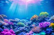 Colorful tropical coral reef with fish. Vivid multicolored corals in the sea aquarium. Beautiful Underwater world. Vibrant colors of coral reefs under bright neon purple light.  