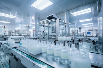 Wall Mural - A high-tech pharmaceutical manufacturing plant with automated production lines and robotic arms filling medication bottles, taken during a quality control inspection.