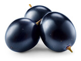Fototapeta  - Grapes transparent PNG. Black blue grapes isolated on transparent or white background. Three dark blue grapes with transparent shadow.