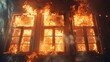 Fire rages through a multi - windowed room in a fierce blaze 