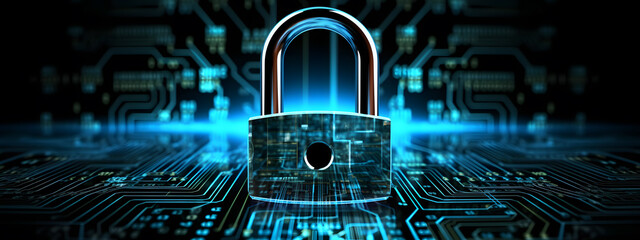 Poster - lock icon on circuit board, cyber security concept banner design background