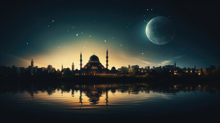 Wall Mural - A large beautiful mosque against the backdrop of the night sky, a crescent moon. Islamic background and symbolism.Eid ul fitr, Ramadan Kareem,Eid al Adha, Eid Mubarak