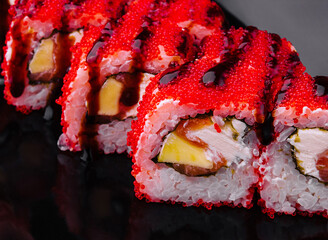 Wall Mural - Sushi Roll California on black stone plate