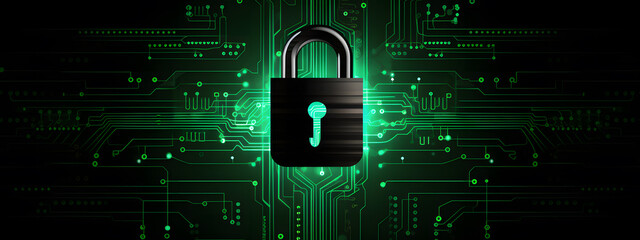 Poster - lock icon on circuit board, cyber security concept banner design background