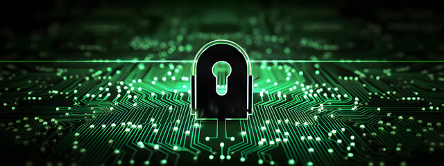Poster - lock icon on circuit board, cyber security concept banner design background