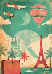 Wanderlust scene in a vintage travel poster style, bursting with trendy active colors.