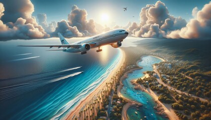 Wall Mural - An airplane flies over a tropical beach with clear blue water, palm trees, houses against the backdrop of the sunrise. Air travel with a travel agency to an exotic country on vacation