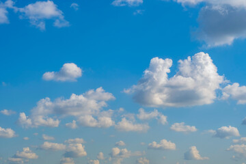 Wall Mural - Summer sky with low white clouds. Blue sky with clouds receding into perspective.