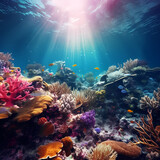 Fototapeta Do akwarium - Underwater world with colorful coral reefs.