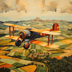 Canvas Print - Vintage biplane flying over a patchwork landscape.