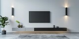 Fototapeta  - Mockup of a tv on a cabinet in an empty room in modern style with a white wall background, 3d render, 3d illustration
