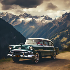 Poster - Vintage car with a mountainous backdrop.