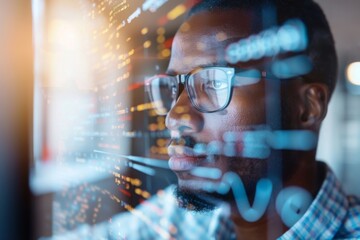 The power of digital technology with a focus on a software engineer utilizing a computer with lines of code. data analysis. and AI algorithms to improve business operations