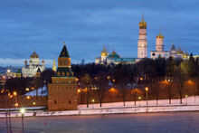 Bell Tower Of Ivan Great, Kremlin Wall And Cathedral Of Christ Saviour At Evening In Moscow
