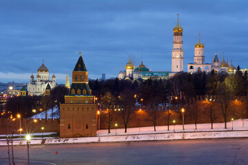 Wall Mural - Bell tower of Ivan Great, Kremlin wall and Cathedral of Christ Saviour at evening in Moscow