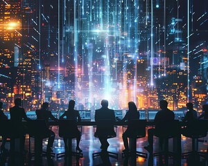 Poster - Team of Professionals Monitoring Digital Data Streams
 A group of experts in a high-tech command center overseeing a complex network of data streams against a backdrop of a digitalized cityscape.
