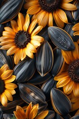 Wall Mural - Top view of sunflower flowers and unpeeled sunflower seeds