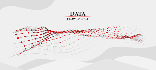 Wall Mural - Interweaving of particles and lines. Traveling wave of data transmission. Flow of information. Vector background.