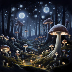 Canvas Print - A field of luminous mushrooms in a moonlit night.