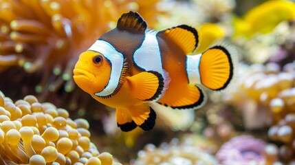 Vibrant clownfish swimming amidst colorful corals in a saltwater aquarium environment