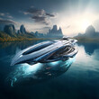 © Cao - A futuristic spaceship hovering over water.