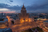 Ministry of Foreign Affairs building with illumination during sunset in Moscow, Russia