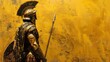 Spartan king demigod, clad in golden armor, wields spear and shield with battle-worn grunge backdrop.