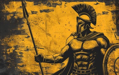 Canvas Print - Spartan king demigod, clad in golden armor, wields spear and shield with battle-worn grunge backdrop.