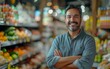 © tonstock - Smiling male shopkeeper proudly stands with crossed arms in his well-stocked grocery store.