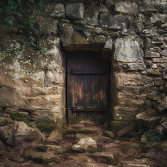 Sticker - A mysterious door in an old stone wall.