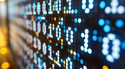 Poster - Abstract pixelated data stream with binary code and encryption concept, glowing red and blue dots