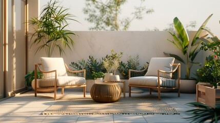 A white chair is placed in front of a white wall