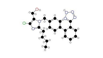 losartan molecule, structural chemical formula, ball-and-stick model, isolated image cozaar