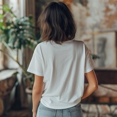 Wall Mural - A mockup of a woman from the back wearing a plain oversized T-shirt. T-shirt mockup photo with the natural and soft lighting.