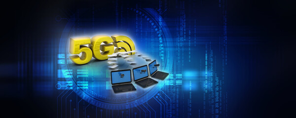 Poster - 3d rendering 5G Network 5G Connection with laptop
