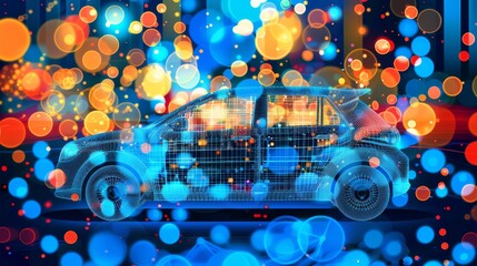 Poster - futuristic electric black car on holographic wireframe digital technology background