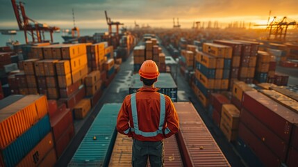 Logistics professional overseeing cargo operations at a bustling international shipping port during golden hour