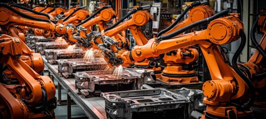 Poster - futuristic automated robotics assembling electric cars on a high tech production line