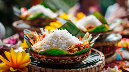 close - up view of delicious asian food on table